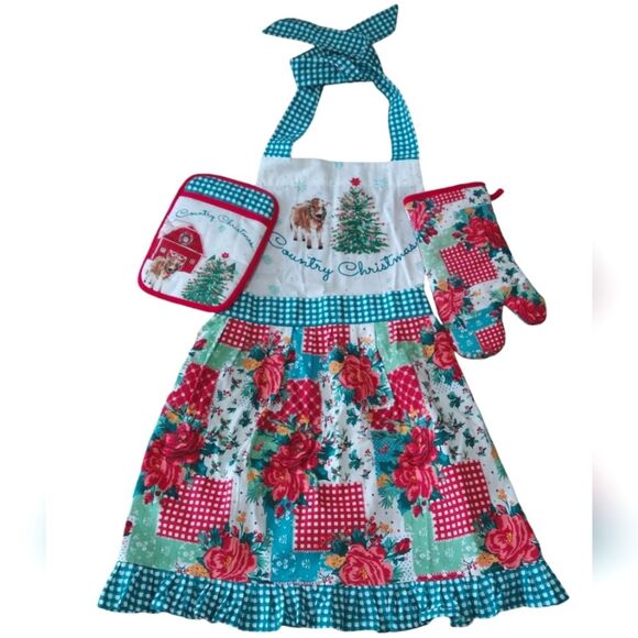 NEW The Pioneer Woman Country Christmas Cheerful Cow Rose Kitchen Apron - Picture 2 of 14